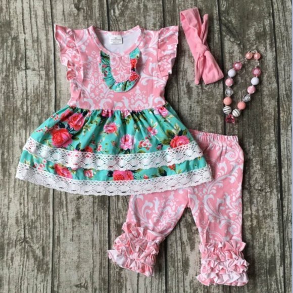 Boutique Floral Tunic Dress Leggings Girls Outfit - Picture 1 of 1